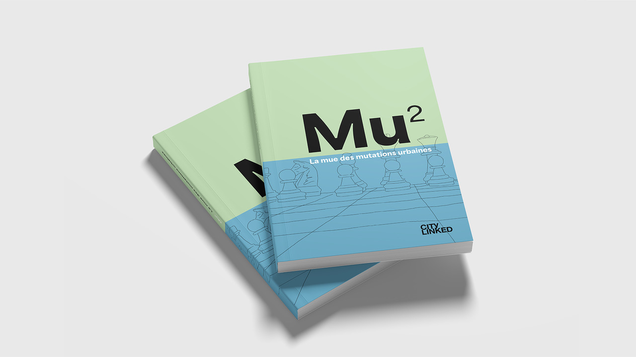 Deux ouvrages Mu² empilés, couverture vert menthe et bleu, motif de pièces d'échecs au trait.